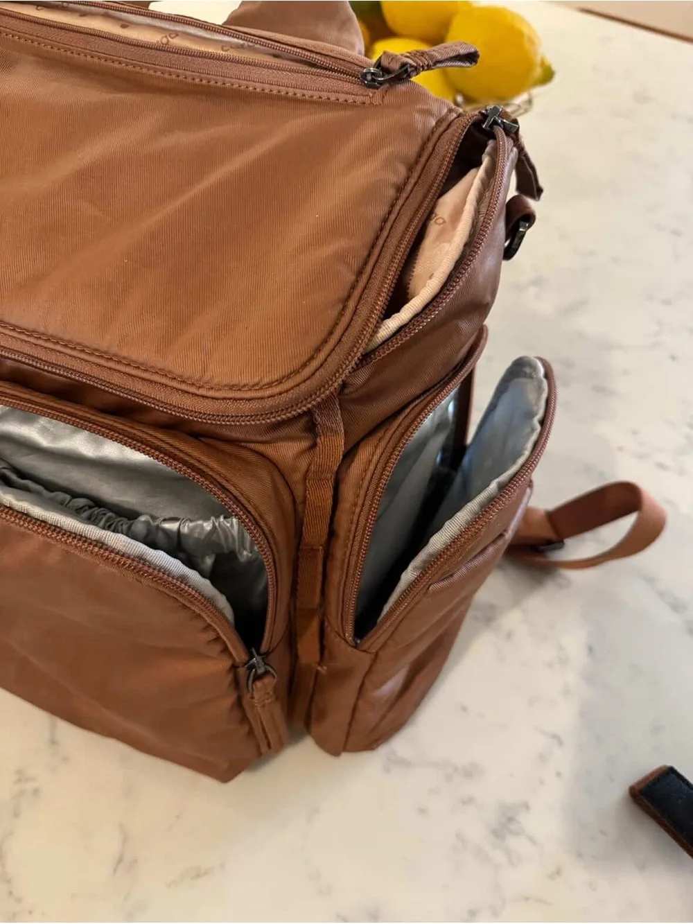 CAARA Medium Baby Bag in Cognac/Brown Cotton
